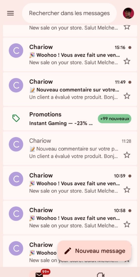 Notification email vente Chariow