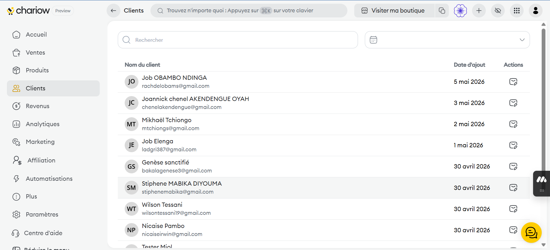 Liste clients Chariow
