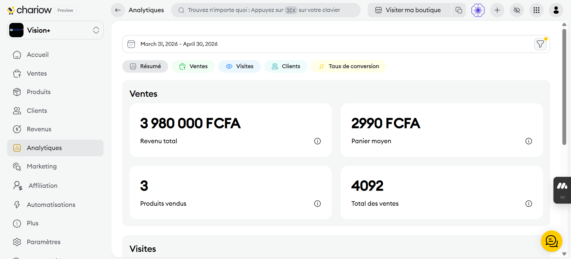 Capture ventes Chariow 3 980 000 FCFA